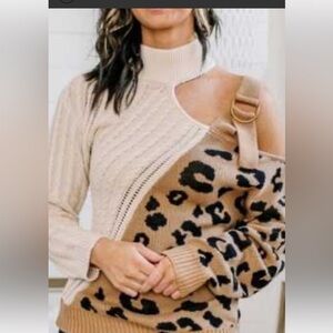 ANDREE BY UNIT Leopard Buckle Off-the-Shoulder Fall  Sweater Color Block Size M